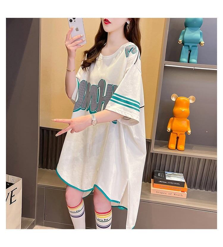おしゃれ度アップ アルファベット フィッシュテール プリントTシャツ ゆったり半袖＜F-3012＞