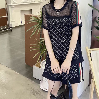好感度UP ホットダイヤモンド カジュアル 半袖 Tシャツ ショートパンツ セットアップ ＜F-9000＞
