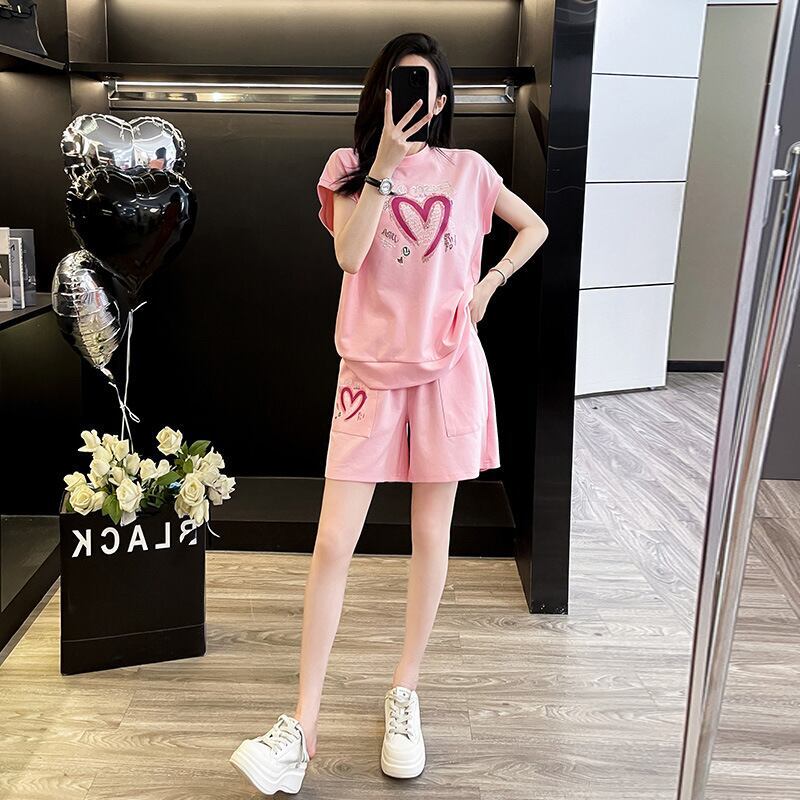 超人気 ホットダイヤモンド カジュアル プリント 半袖Tシャツ ショートパンツ セットアップ ＜F-9215＞