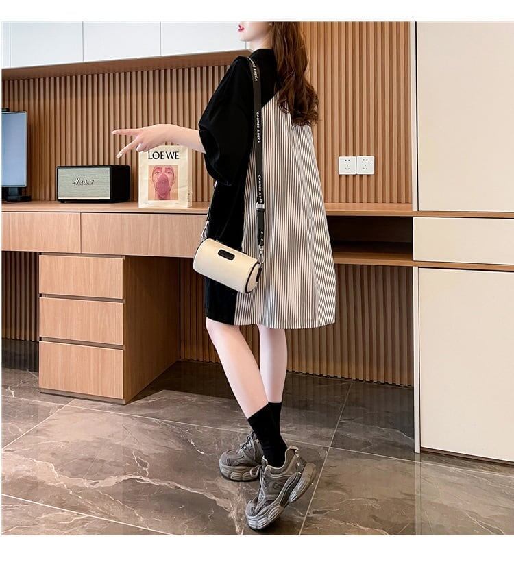 POLOネック 切り替え ストライプ柄 ロング Tシャツ ゆったりワンピース ＜F-3031＞