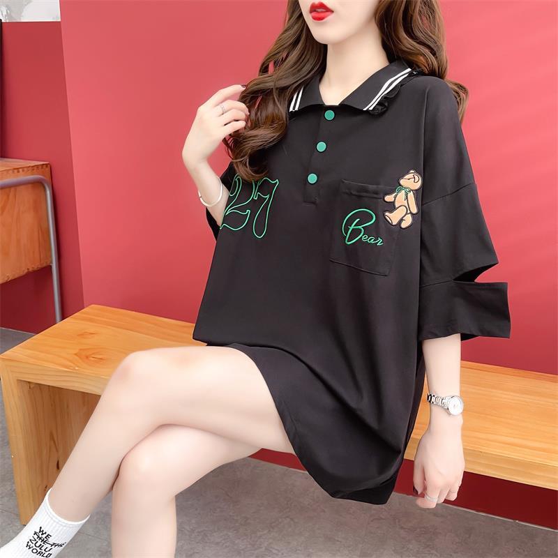 POLOネック   ベアー ロング Tシャツ 三色 ゆったりワンピース＜F-3991＞