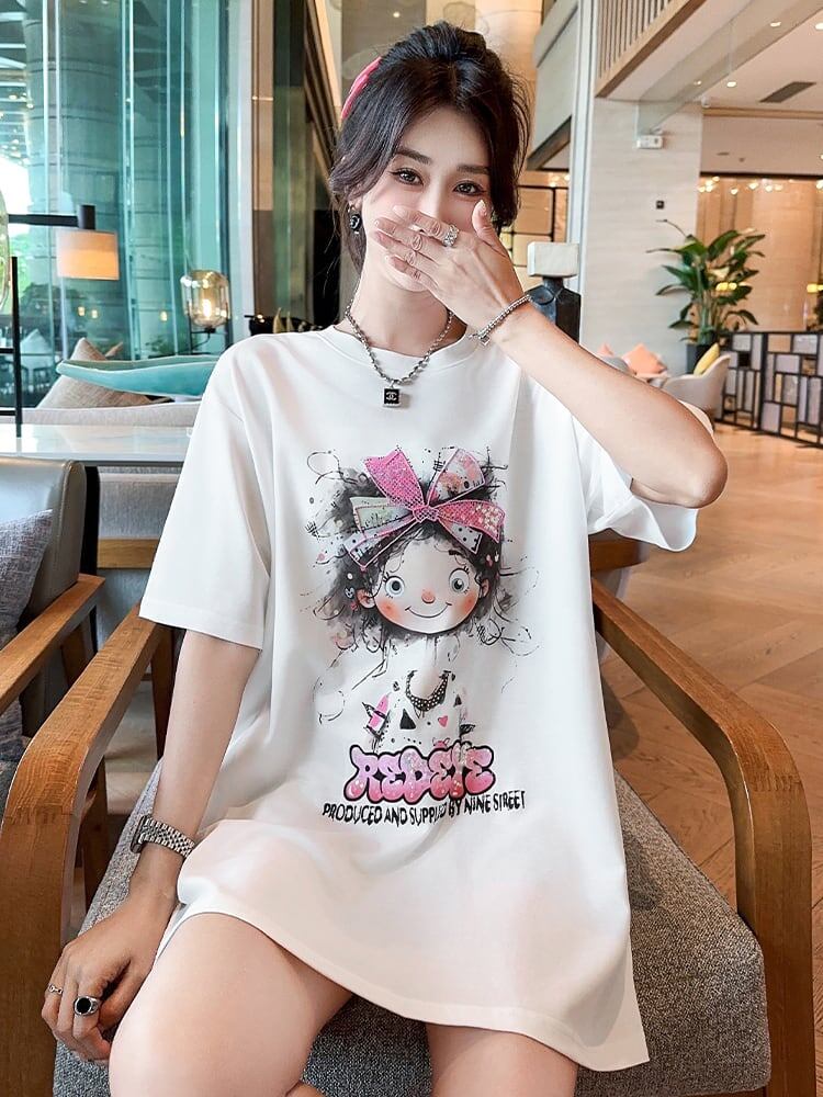好感度UP ピンク カジュアル プリント スパンコール プリント ゆったり 半袖 Tシャツ＜F-8705＞