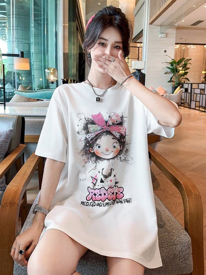 好感度UP ピンク カジュアル プリント スパンコール プリント ゆったり 半袖 Tシャツ＜F-8705＞