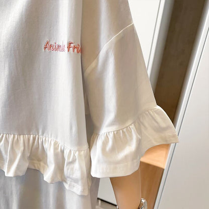 【半額！期間限定！！】合わせやすい 切り替え フリル プリント Tシャツ ゆったりワンピース＜F-3008＞