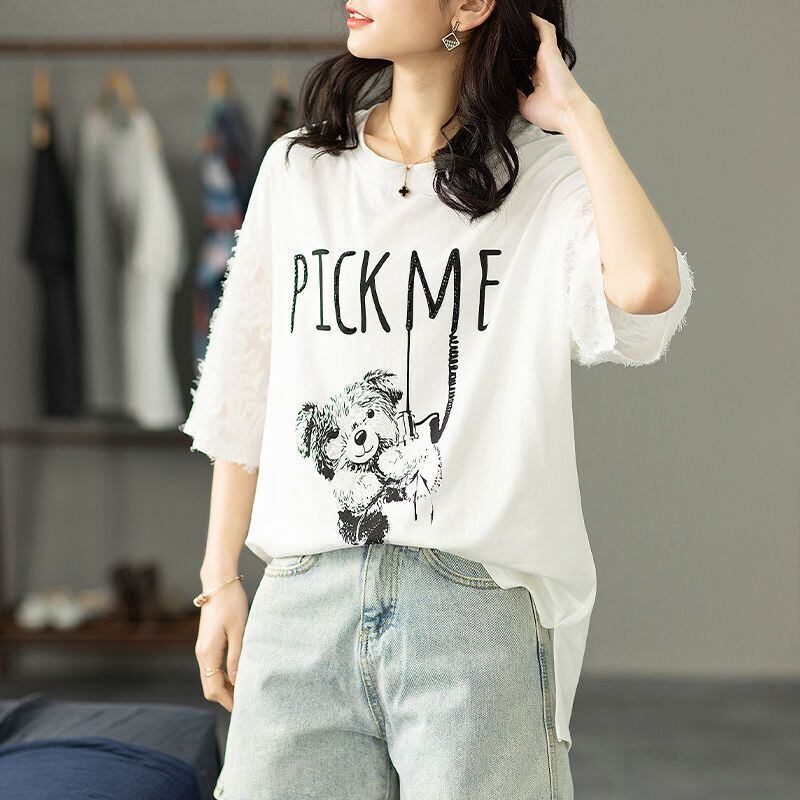 絶対欲しい レース エレガント 切り替え プリント 半袖Tシャツ＜F-8587＞