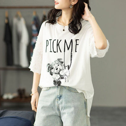 絶対欲しい レース エレガント 切り替え プリント 半袖Tシャツ＜F-8587＞