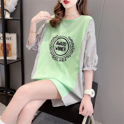 期間限定 ストライプ柄 新作 切り替え プリント 全3色 半袖Tシャツ カットソー ＜F-8685＞