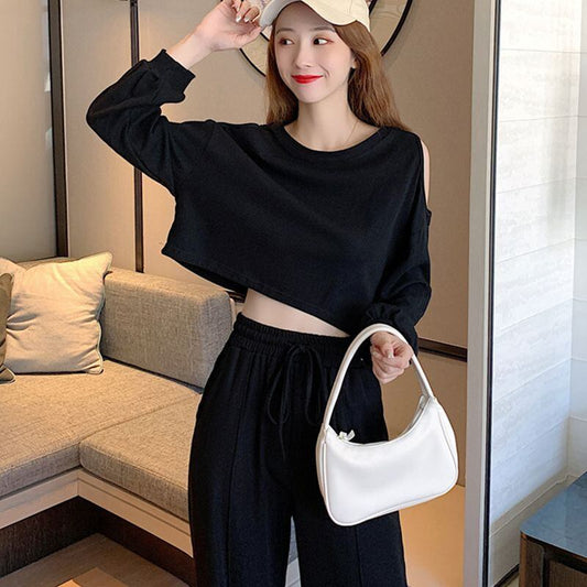 韓国風ファッション カジュアル ?感?佳 全2色 長袖Tシャツ＆ハイウエストワイドレッグパンツのセットアップF-9103
