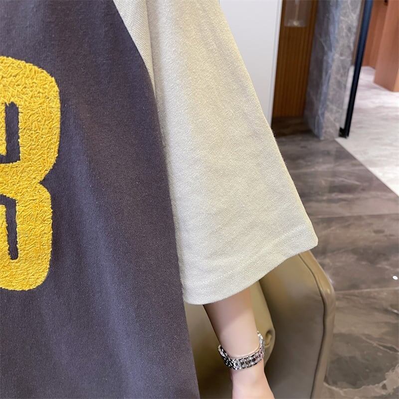 絶対欲しい カラーマッチング 数字刺? ロング Tシャツ ゆったり 半袖 ＜F-2896＞