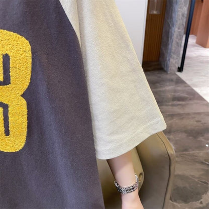 絶対欲しい カラーマッチング 数字刺? ロング Tシャツ ゆったり 半袖 ＜F-2896＞