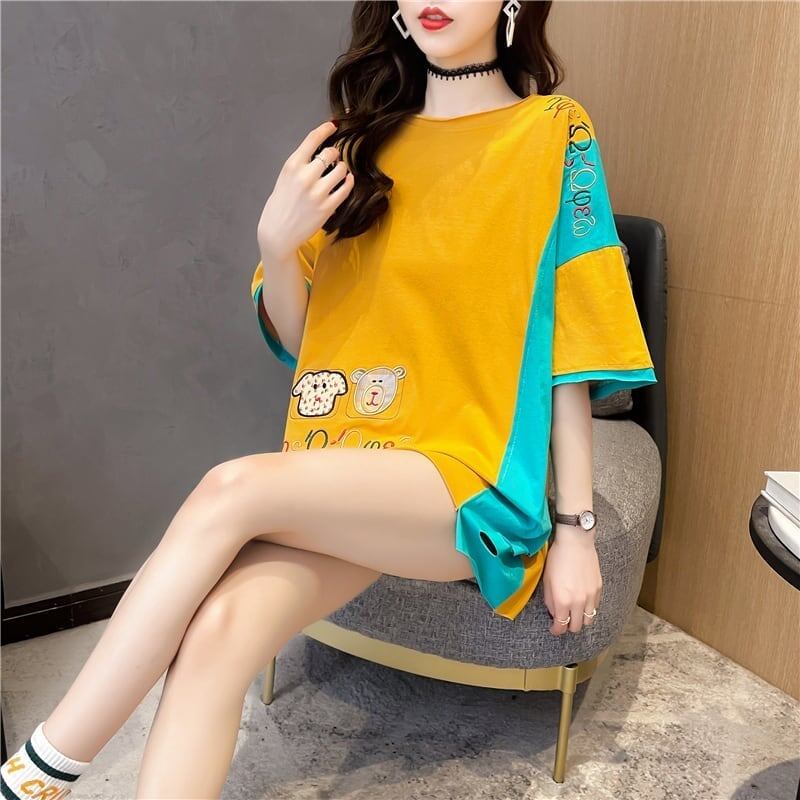 韓国風漫画刺繍ワッペン半袖Tシャツ<F-2991>