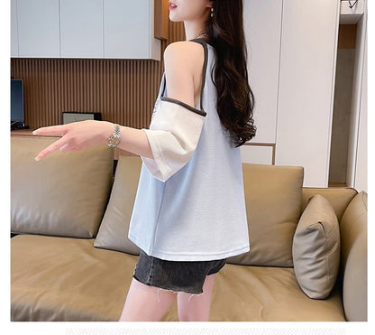 話題沸騰中   ロゴ 肌見せ 肩開き ゆったり 3色半袖Tシャツ＜F-8212＞