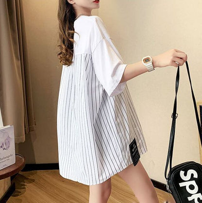 超人気 切り替え ストライプ柄 ラウンドネック プリント全2色 半袖Tシャツ<F-8741>