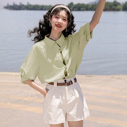 好感度UP 上質 美人度アップ 知的 ストライプ柄 3色選択 半袖シャツ＜F-9047＞