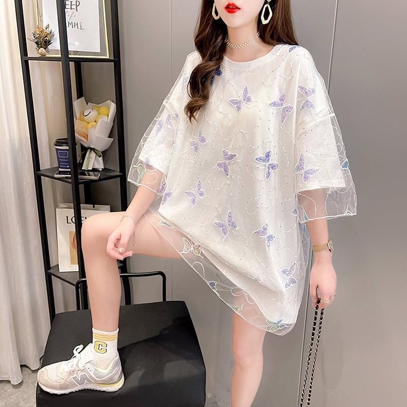 イントレンディなメッシュフェイクツーピースバタフライTシャツルーズトップ<F-2858>