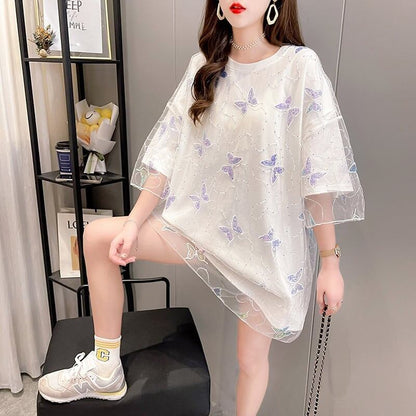 イントレンディなメッシュフェイクツーピースバタフライTシャツルーズトップ<F-2858>