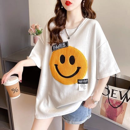 質感のいい ニコちゃん刺繍 スマイル ロング Tシャツ ゆったり半袖 ＜F-2947＞