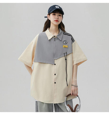 シンプルだけど一癖あるコーデ 切り替え レイヤード風 全2色 半袖TシャツF-9046