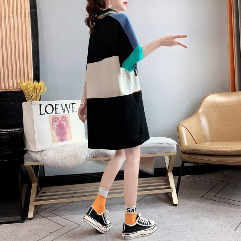 韓国系 切り替え POLOネック ファスナー ロング Tシャツ 二色 ゆったりワンピース ＜F-3015＞