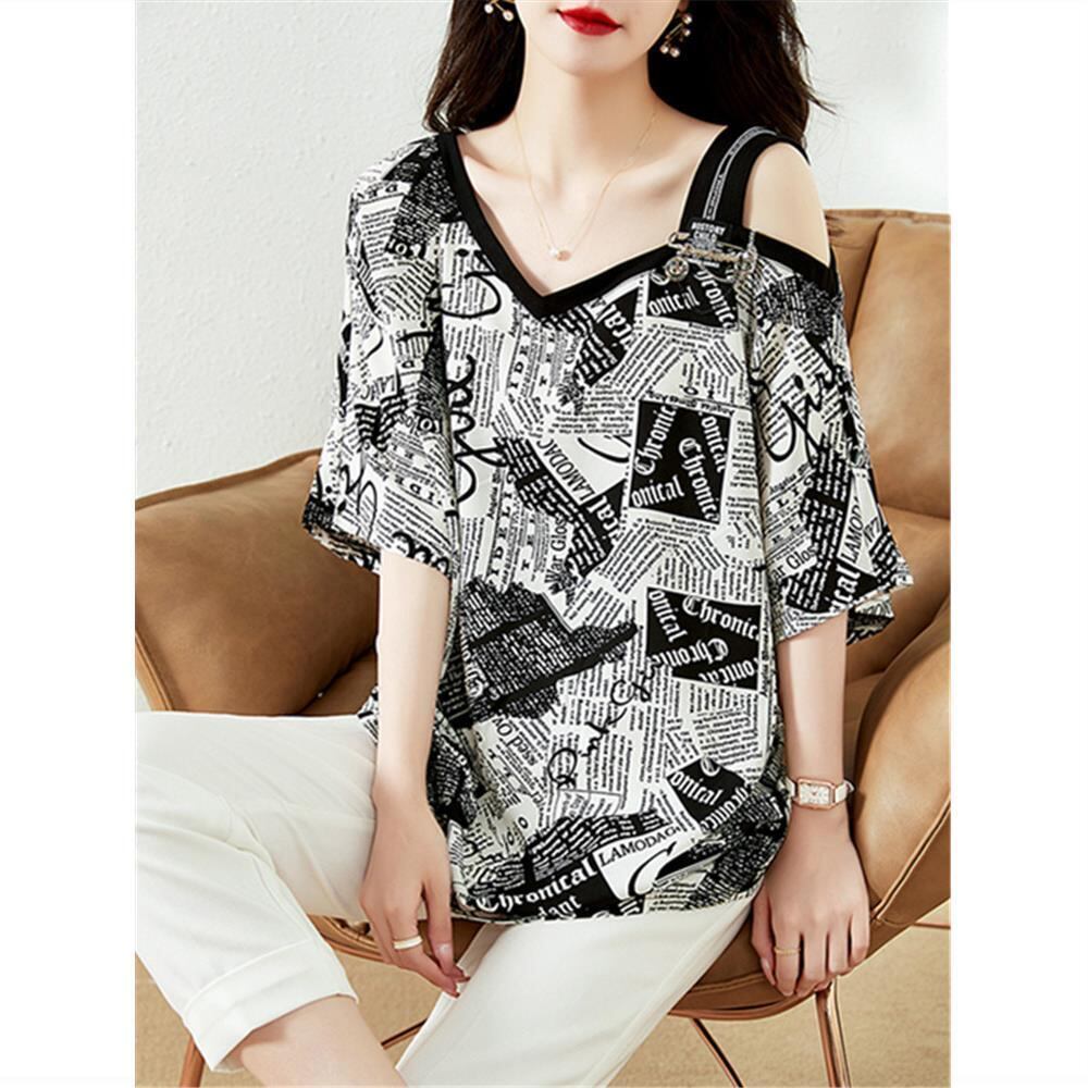 【半額！期間限定！！】絶対流行 特別デザイン 個性派 シフォン プリント 半袖Tシャツ＜F-8610＞