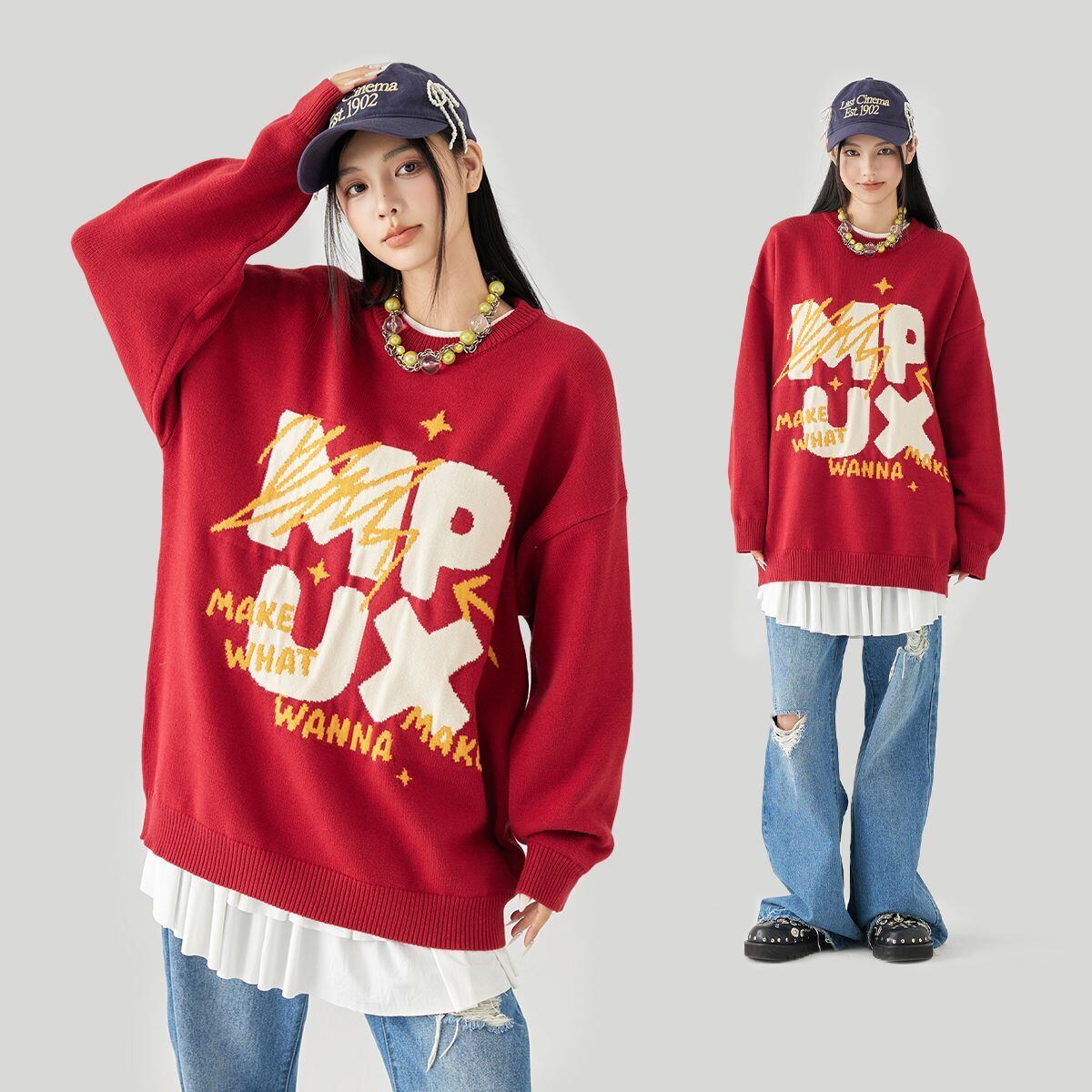 新作 おすすめ ビッグ柄 3色展開 ユニセックス クルーネック ニットセーター F-12612