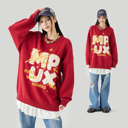 新作 おすすめ ビッグ柄 3色展開 ユニセックス クルーネック ニットセーター F-12612