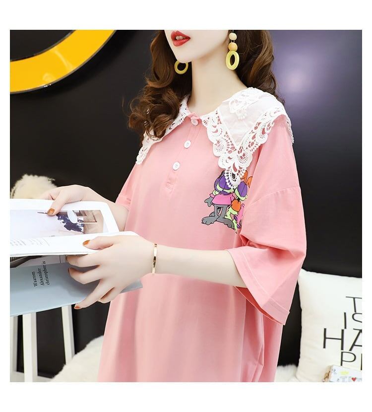 デザインセンスのあるミドル丈のトレンドプリントドールカラー半袖Tシャツワンピース<F-3018>