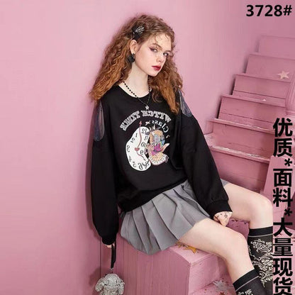 ファッショングラフィックプリントブラックスウェット長袖Ｔシャツ<F-4281>