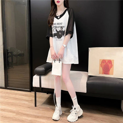好感度満載 切り替え 美感いっぱい プリント Tシャツ カットソー＜F-3479＞