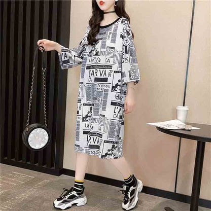 オシャレ度満点 プリント 一目惚れ 切り替え ワンピース Tシャツ カットソー＜F-3122＞