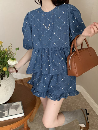定番シンプル ファッション 個性派 デニム 半袖Ｔシャツⅹパンツセット<isf-11702>