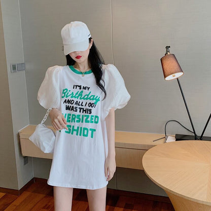 話題沸騰中 パフスリーブ ファッション プリント 全2色 半袖 Tシャツ <F-8662>