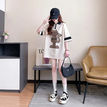 韓国系   POLOネック プリントTシャツ ゆったり半袖 ＜F-2894＞