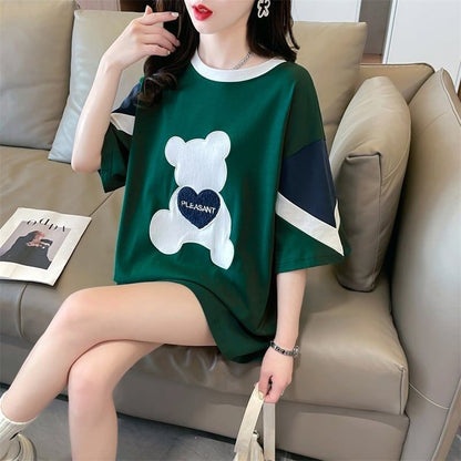 カジュアルルーズワッペン刺繍ステッチカラーブロック半袖Tシャツ<F-2870>