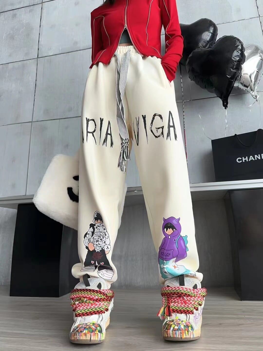 韓国系ビックロゴ裏起毛ジョガーパンツ2色あり   <F-4417>