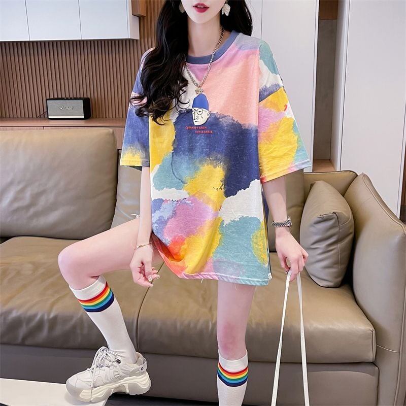 売り切れ必至 絞り染め ファッション プリント 2色選択 半袖Tシャツ＜F-8573＞