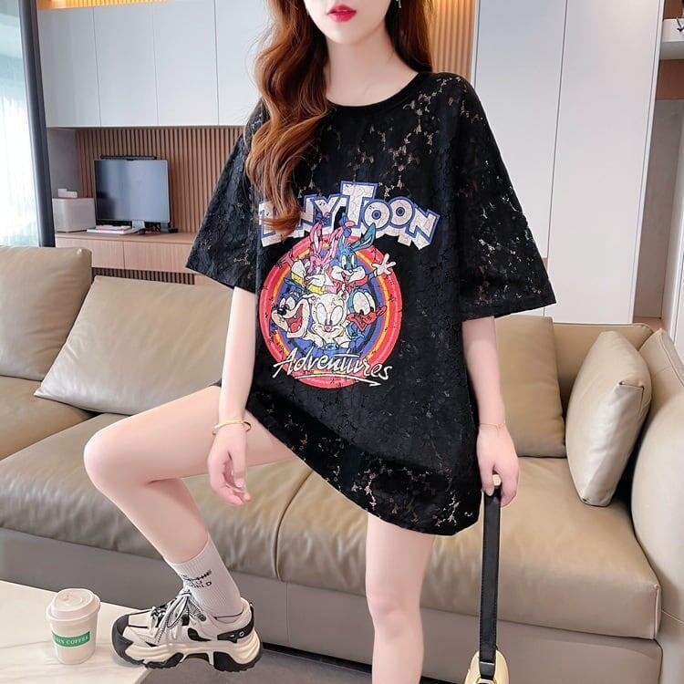 ハイエンドデザインセンスレース中空ルーズミドル丈半袖Tシャツ<F-3035>