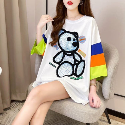 超人気商品   ベアー柄 プリント ロング Tシャツ ゆったりワンピース ＜F-4024＞