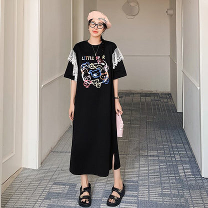 おすすめ レース ファッション 切り替え プリント Tシャツ カットソー ワンピース＜F-8535＞