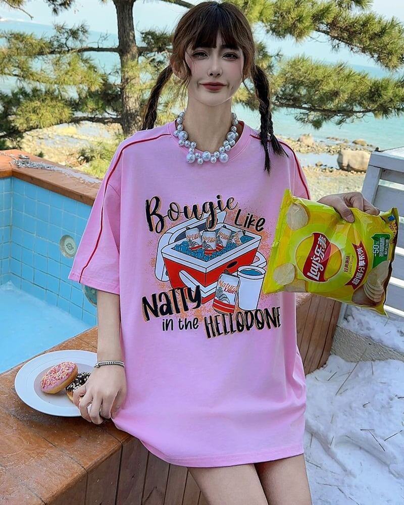 着?せ ゆったり ビッグロゴ ロングTシャツ 半袖 ワンピース<F-4859>