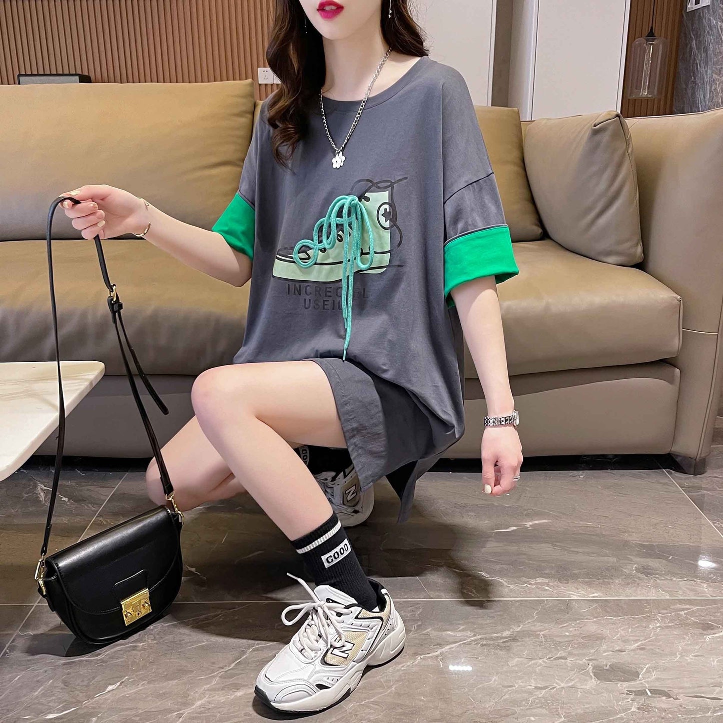 韓国系   ラウンドネック Tシャツ ゆったり半袖 ＜F-2988＞