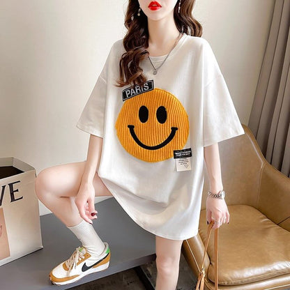 質感のいい ニコちゃん刺繍 スマイル ロング Tシャツ ゆったり半袖 ＜F-2947＞