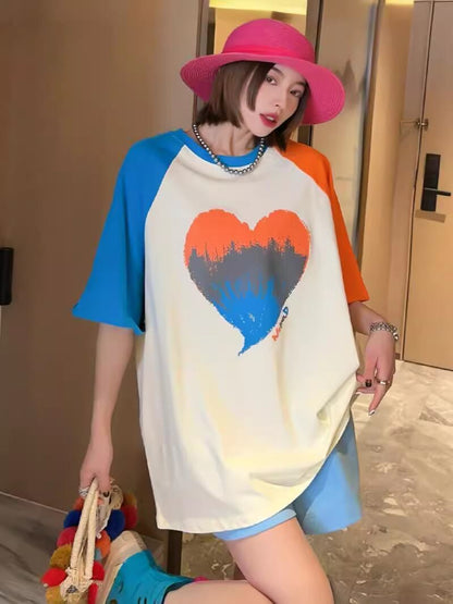 絶対欲しい プリント ロゴ カラーマッチング ゆったり 3色半袖Tシャツ＜F-8383＞