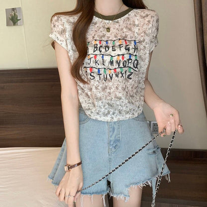 好感度UP カジュアル 大人可愛い プリント 全2色 半袖 Tシャツ＜F-8822＞