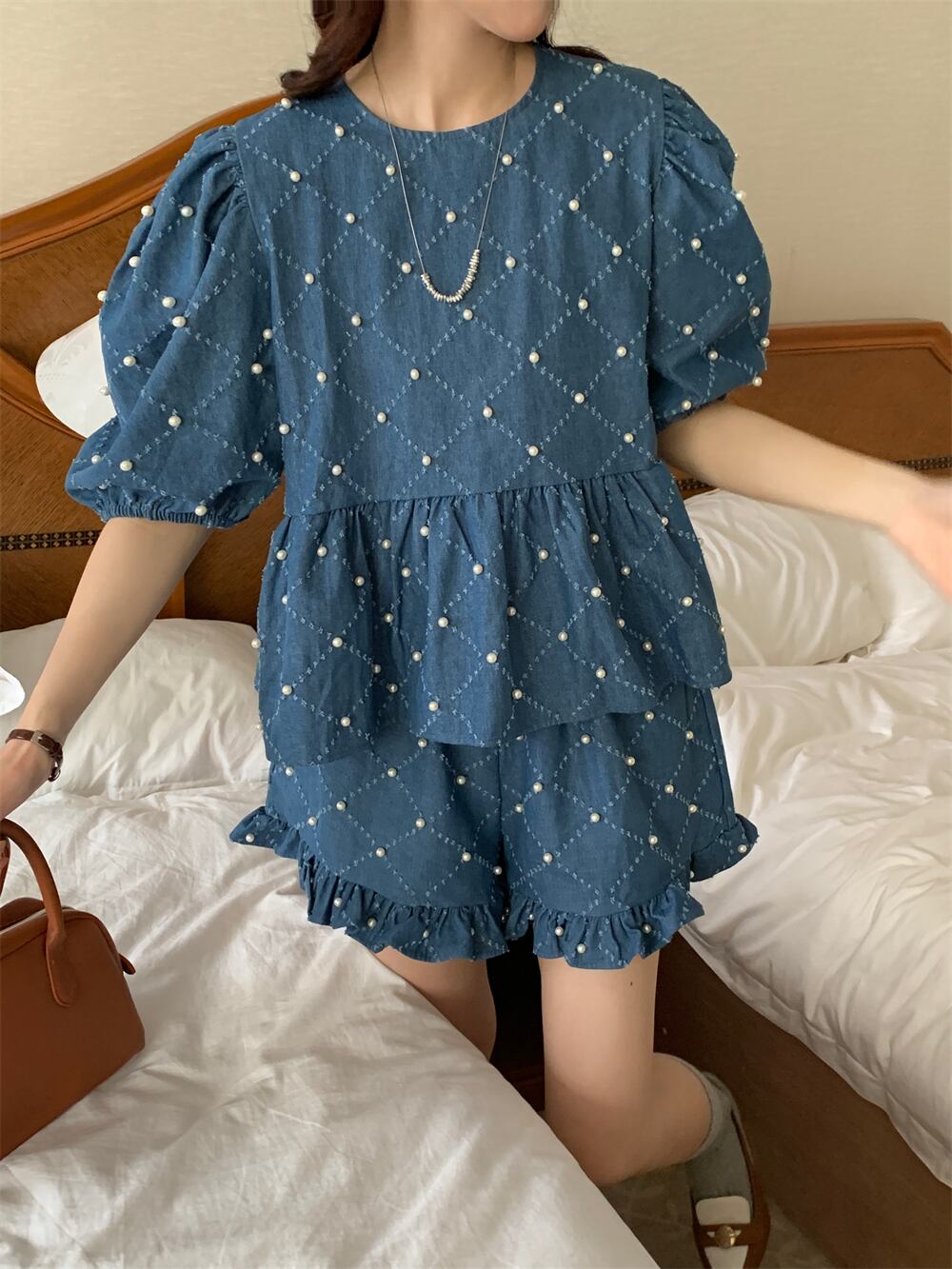 定番シンプル ファッション 個性派 デニム 半袖Ｔシャツⅹパンツセット<isf-11702>