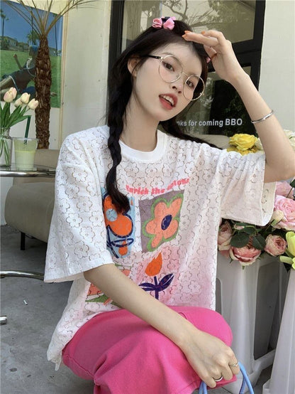 新作   透かし彫り 半袖 Ｔシャツ <F-8089>