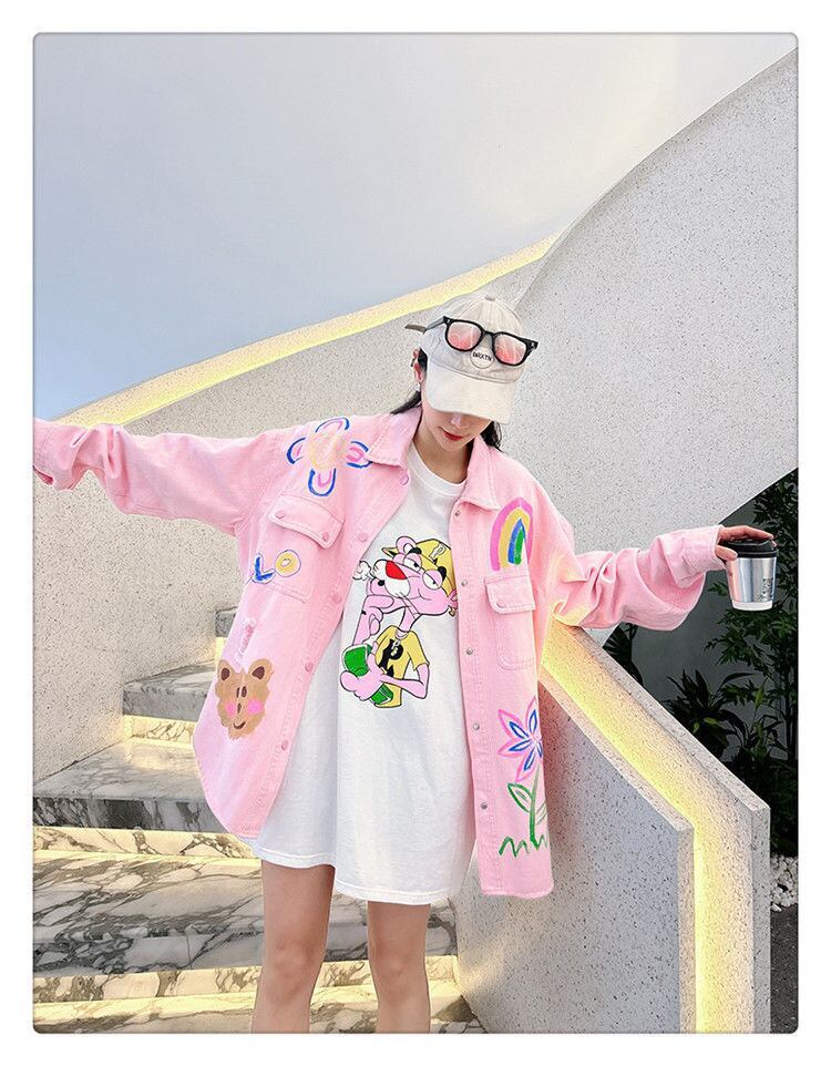 売り切れ必至 韓国風ファッション 上質 アバンギャルド プリント デニム Tシャツ ＜F-9479＞