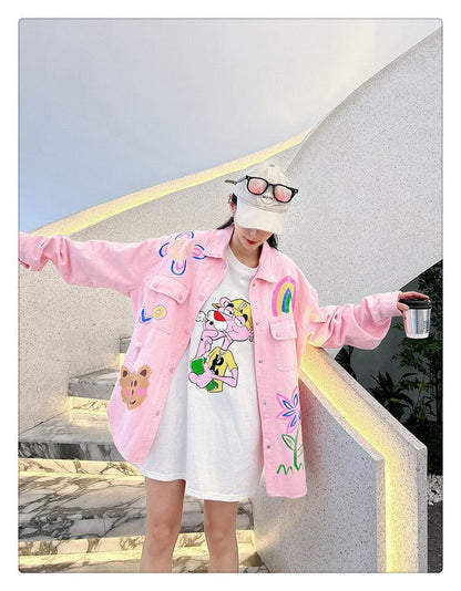 売り切れ必至 韓国風ファッション 上質 アバンギャルド プリント デニム Tシャツ ＜F-9479＞