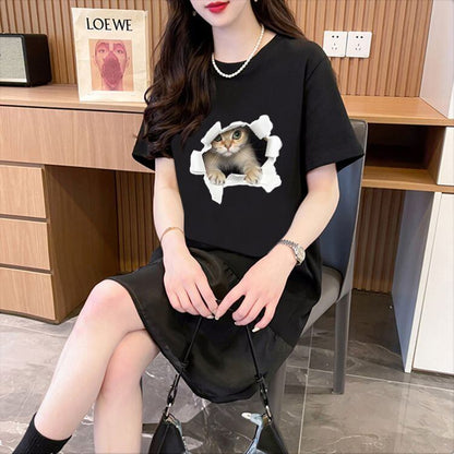 絶対欲しい ネコ カジュアル デザイン ゆったり 半袖 Tシャツ＜F-8658＞