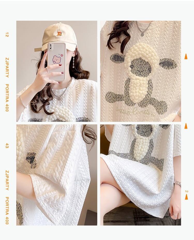 高級立体ハンドビーズコットン半袖Tシャツ<F-2998>